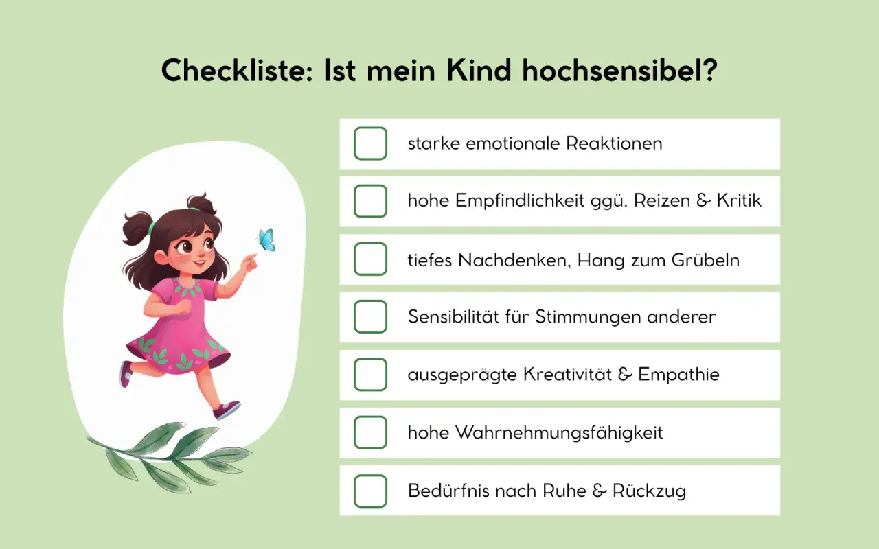 Ein Mädchen mit Schmetterling, umgeben von einer Checkliste für reizoffene Kinder. Merkmale wie starke Reaktionen und hohe Empfindlichkeit werden aufgeführt.