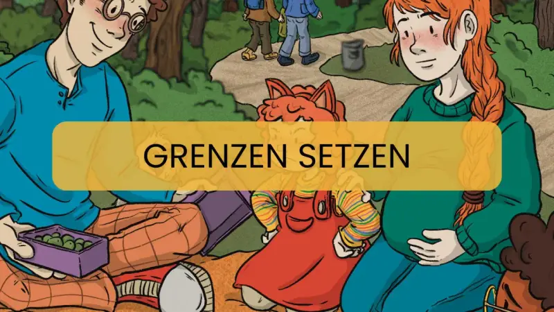 Zwei Erwachsene und ein Kind mit frechen Gesichtern sitzen im Gras. Ein gelbes Banner mit der Aufschrift "Grenzen setzen" überlagert die Szene.