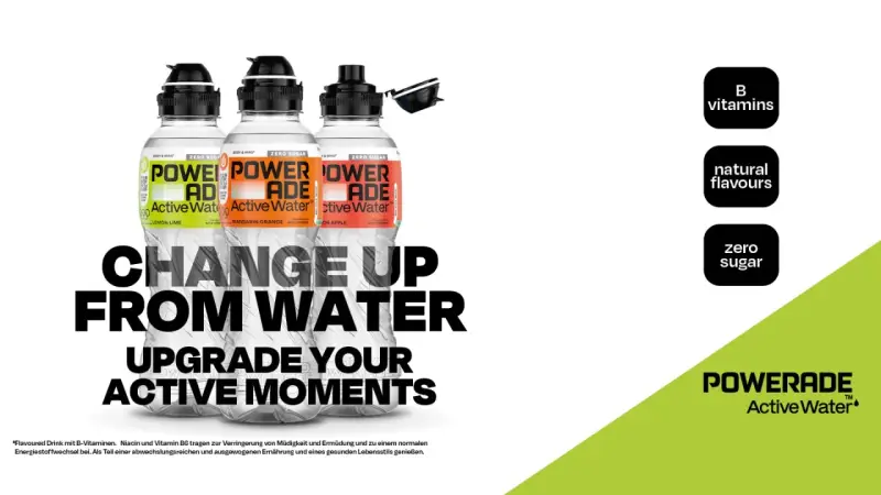 Powerade Active Water: B-Vitamine, natürliche Aromen, null Zucker. Ab wie viel Jahren ist Powerade? Für alle aktiven Momente!