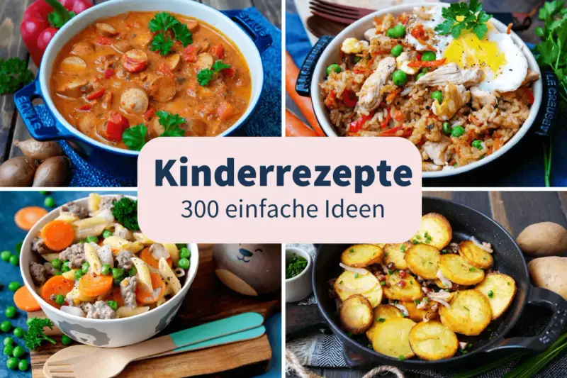 Vier leckere, gesunde Kindergerichte: Gulasch, gebratener Reis, Nudeln mit Hackfleisch und Bratkartoffeln.